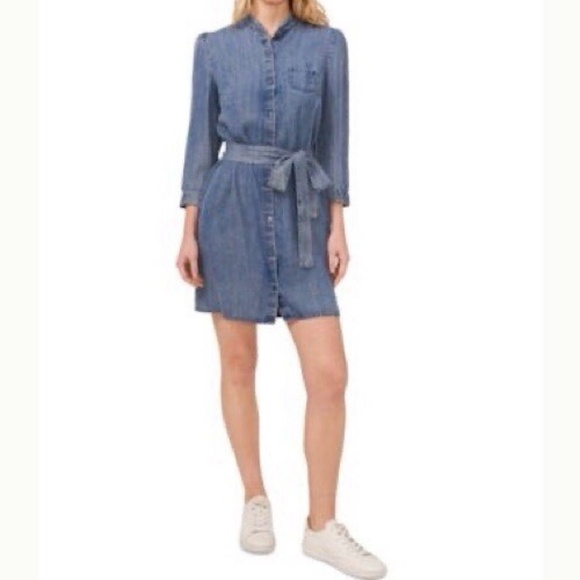 CeCe Denim Tie Waist Button Front Shirtdress Chambray - Picture 3 of 9
